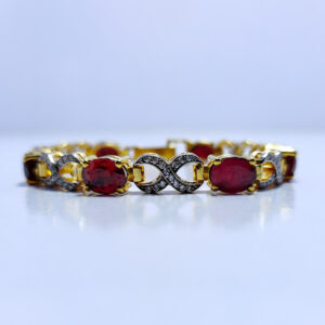 VINTAGE BLOOD RED RUBY TWISTED BRACELET WITH WHITE ZIRCONIA, RHODIUM GOLD PLATED