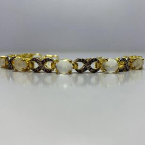 ROYAL MILKY WHITE MOONSTONE WITH CHAMPAGNE ZIRCONIA TWISTED BRACELET, STERLING SILVER 925 RHODIUM GOLD PLATED